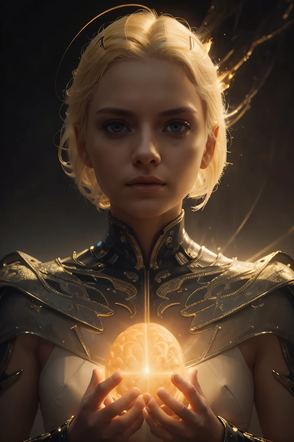 a woman holding a brain emanating rays, blonde woman, platinum yellow hair, hyper realistic, cinematic lighting, dark moody colors, high contrast, detailed anatomy, hyperrealistic, surrealistic, dramatic pose, photorealistic, intricate details, digital art, 8k, ultra detailed, masterpiece