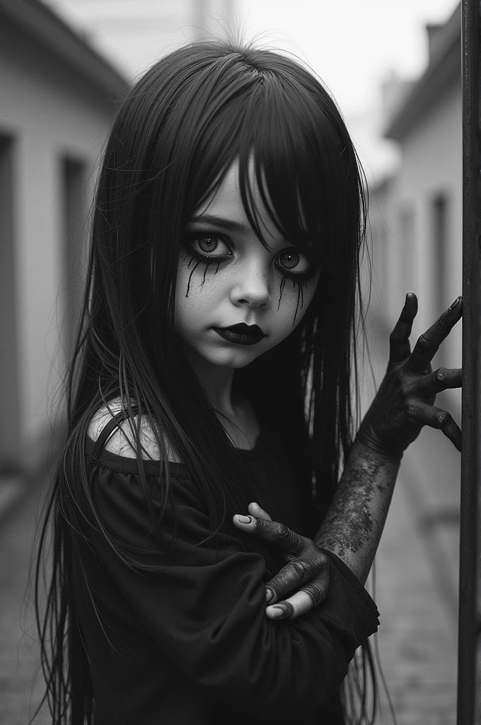 Scary girl with one eye, black and white skin, have a three hand, her mouth is open, in background everything is normal
