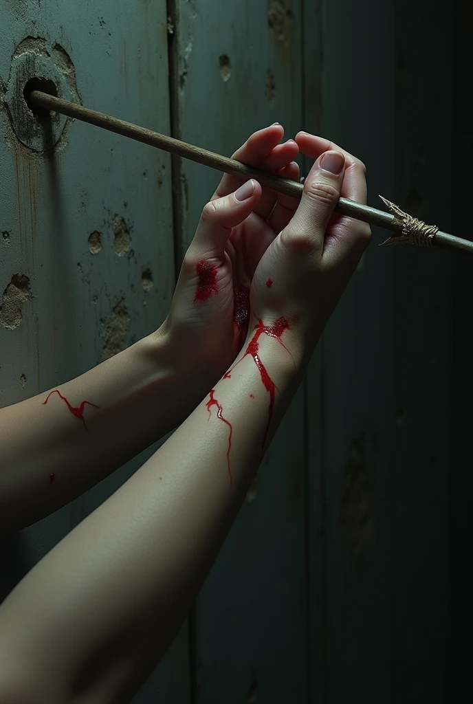 A pair of feminine hands is interacting with a very thick arrow embedded in a wall. One hand is stuck midway on the arrow, unable to slide off due to its thickness. The other hand, also injured and bleeding, is trying to free the trapped hand. Blood is visible around both wounds, emphasizing the severity of the situation. The surroundings are dark and ominous, highlighting the painful consequence of curiosity. The hands are depicted struggling with desperation and pain.