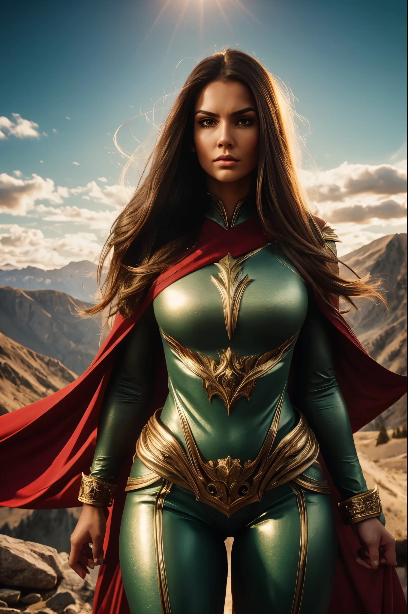 MITHOLOGICAL POWERFUL WOMAN, HUGE LONG BROWN HAIR, TUNNING SKIN, LIGHT GREEN EYES, HIGH CHEEKBONES, SLIM NOSE, GORGEOUS MOUTH, ANGRY FACE EXPRESSION, LOOKING AT CAMETA, LONG GREEN TIGHT BODYSUIT, SILVER DETAILS, HUGE LONG RED CAPE, HUGE GOLD GAUNTLETS, ATHLETIC BODY, MUSCLES, STRONG THIGS, THICK THIGHS, FULL BODY PERSPECTIVE, TOP OF A HIGH ROCKY MOUNTAIN, SUNSET, BLUE SKY, MASTERPIECE, ACCURATE IMAGE.