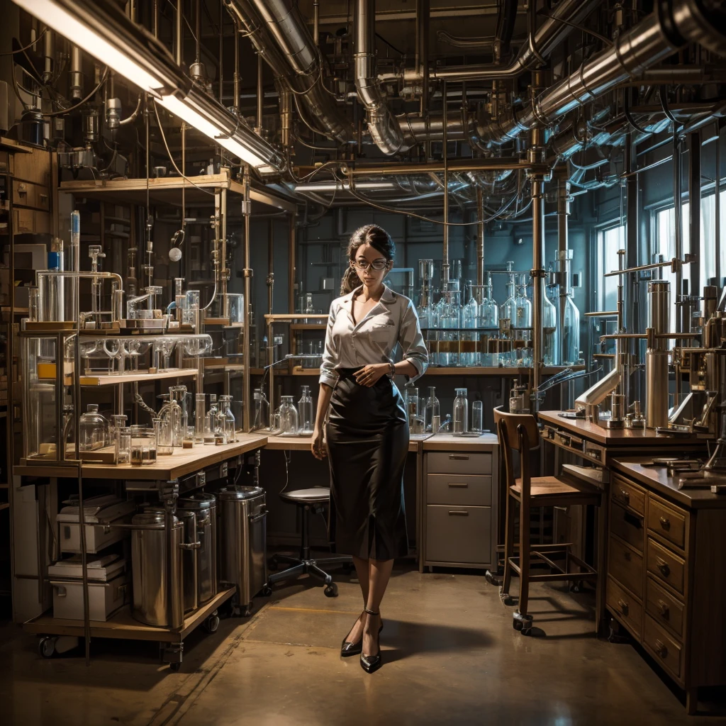 a woman scientist with glasses is in her laboratory, in the laboratory there are test tubes and stills, the scientist is busy creating some surreal creatures in the laboratory