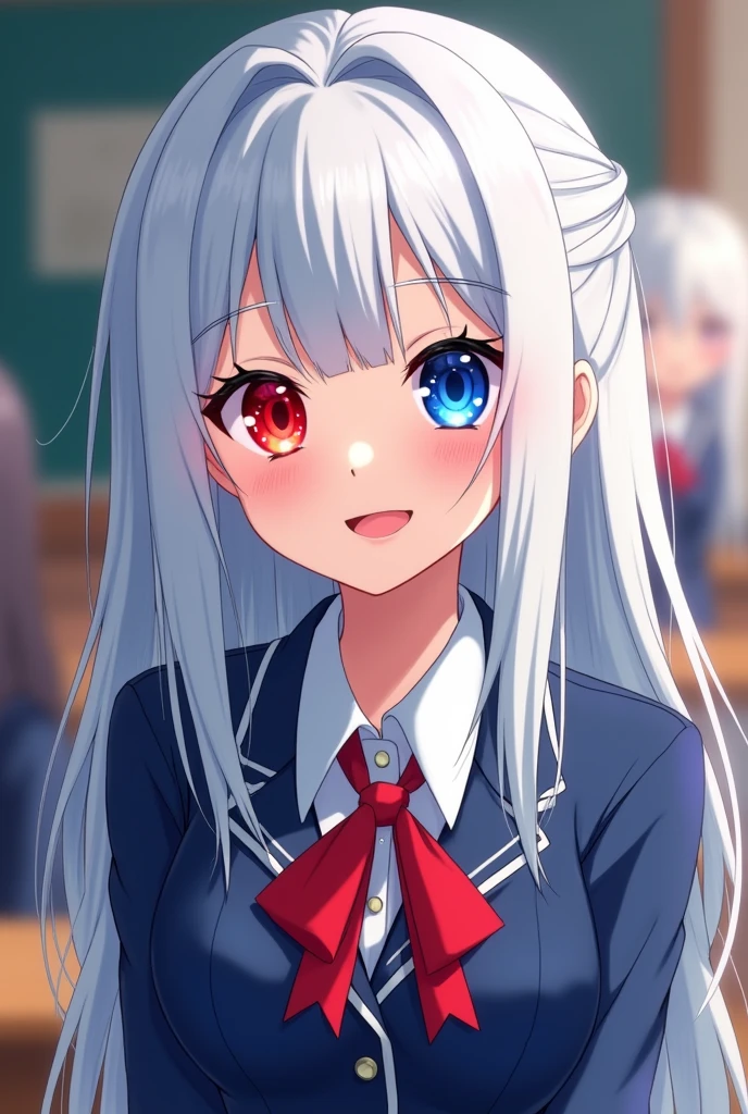 Screenshot of my hero academia Girl with straight hair and long white hair, with bangs with blue eyes and the other eye is phosphorescent red and has a cheerful experience. He is wearing the AU uniform and in the background he is in the AU class..