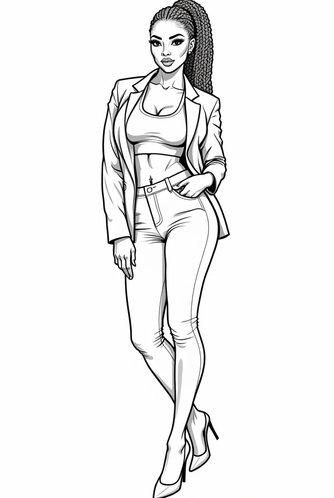 Beautiful African American coloring page, photorealism,16K realism, Hyper-realistic, bold line art, long detailed braids in ponytail with baby hair, long eye lashes, almond shape eyes, slim thick, no cleavage showing. Coloring book, line art, high waist leggings, blazer, high heels,