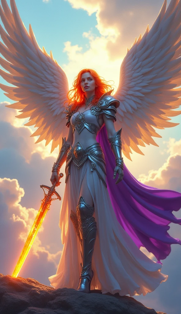 fantasy art, epic fantasy art,  a female angel standing guard in heaven, her wings spread wide, she holds a (fiery sword: 1.2), wearing intricate armor, white armor, she is wearing purple cloak, wearing high heeled boots, flowing cloak, most beautiful angel, (best detailed face: 1.5) orange hair, wavy hair, epic hair, blue eyes, ((glowing blue eyes: 1.3)),  heavenly clouds, rainbow background. divine rays, vibrant, Ultra-high resolution, High Contrast, (masterpiece:1.5), highest quality, Best aesthetics), best details, best quality, highres, ultra wide angle, 16k, [ultra detailed], masterpiece, best quality, (extremely detailed: 1.5),