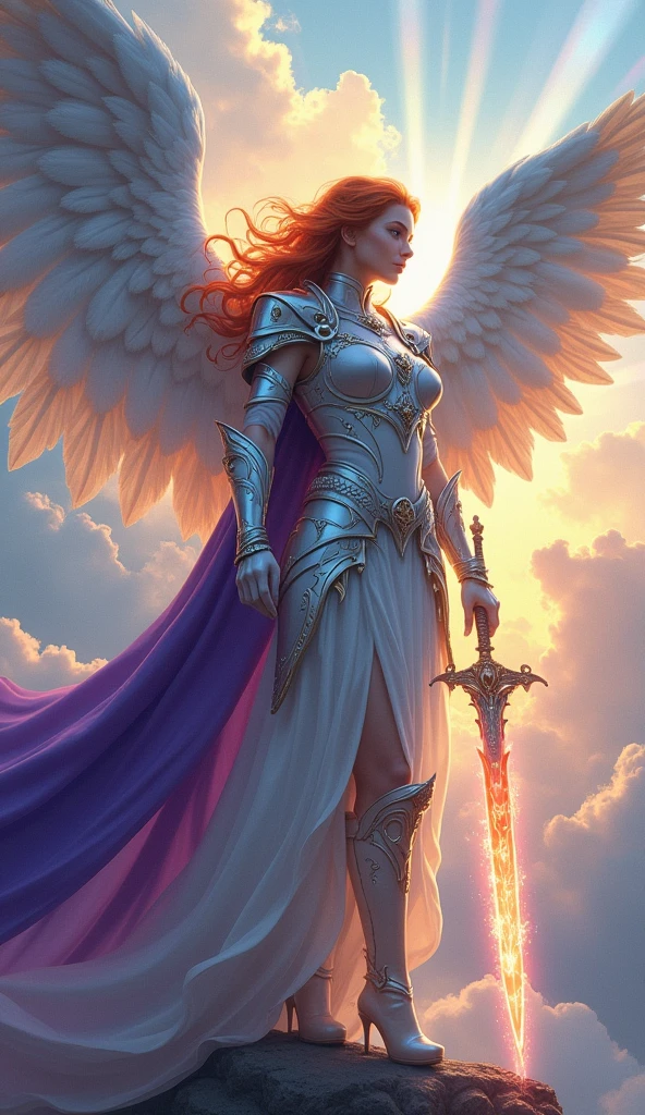 fantasy art, epic fantasy art,  a female angel standing guard in heaven, her wings spread wide, she holds a (fiery sword: 1.2), wearing intricate armor, white armor, she is wearing purple cloak, wearing high heeled boots, flowing cloak, most beautiful angel, (best detailed face: 1.5) orange hair, wavy hair, epic hair, blue eyes, ((glowing blue eyes: 1.3)),  heavenly clouds, rainbow background. divine rays, vibrant, Ultra-high resolution, High Contrast, (masterpiece:1.5), highest quality, Best aesthetics), best details, best quality, highres, ultra wide angle, 16k, [ultra detailed], masterpiece, best quality, (extremely detailed: 1.5),