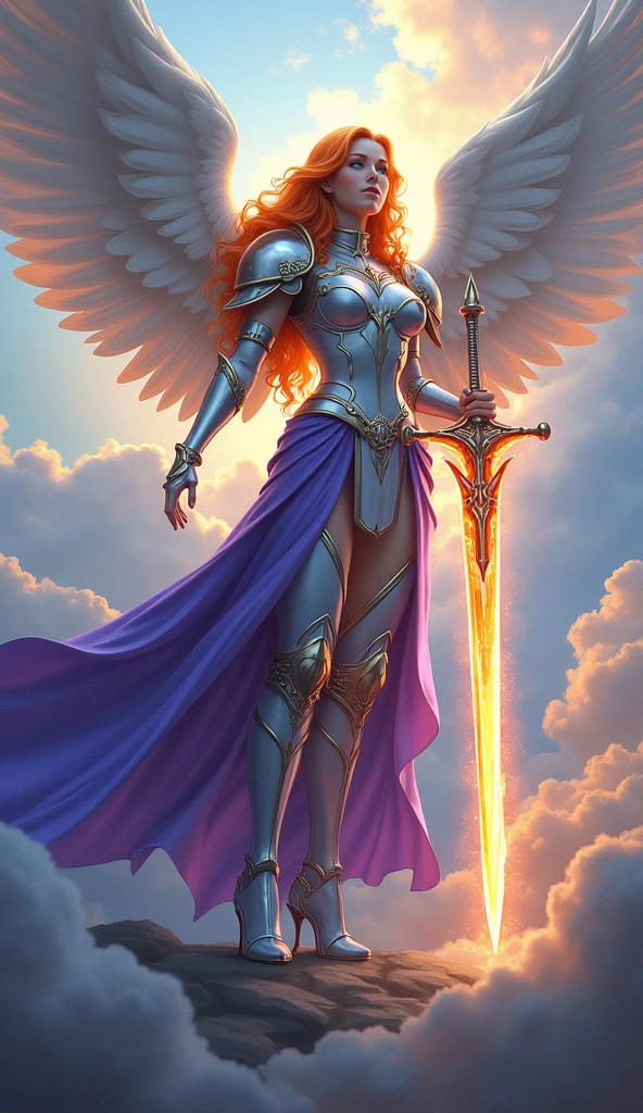 fantasy art, epic fantasy art,  a female angel standing guard in heaven, her wings spread wide, she holds a (fiery sword: 1.2), wearing intricate armor, white armor, she is wearing purple cloak, wearing high heeled boots, flowing cloak, most beautiful angel, (best detailed face: 1.5) orange hair, wavy hair, epic hair, blue eyes, ((glowing blue eyes: 1.3)),  heavenly clouds, rainbow background. divine rays, vibrant, Ultra-high resolution, High Contrast, (masterpiece:1.5), highest quality, Best aesthetics), best details, best quality, highres, ultra wide angle, 16k, [ultra detailed], masterpiece, best quality, (extremely detailed: 1.5),