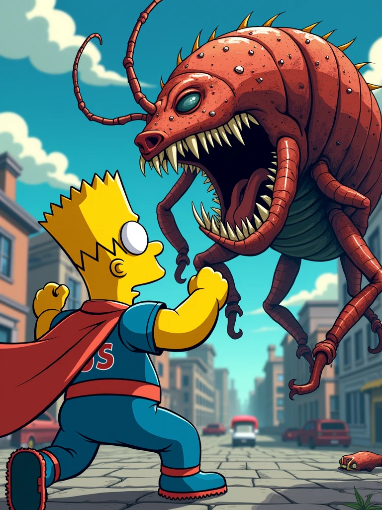 a javascript developer as super hero with letters "JS" on chest and yellow and blue colors fighting against a javascript bug monster in simpsons style