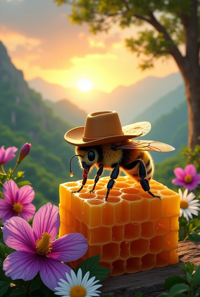 The bee must wear a sun-worn leather cowboy hat, must convey sympathy. Her wings, are open, transmitting serenity and all three pairs of legs are covered in pollen . The bee is on top of a beautiful square honeycomb, Small drops of honey even fall from the bee's tongue onto this comb.. The setting is a majestic range of green mountains, shrouded in a soft mist, with the sun rising and painting the sky in shades of orange and pink. Vibrant Wildflowers - Purple Orchids, white daisies, pink hibiscus and green parrots - punctuate the scene as well as majestic trees. Sunlight filtering through the leaves creates patterns of light and shadow on the bee and the flowers.
