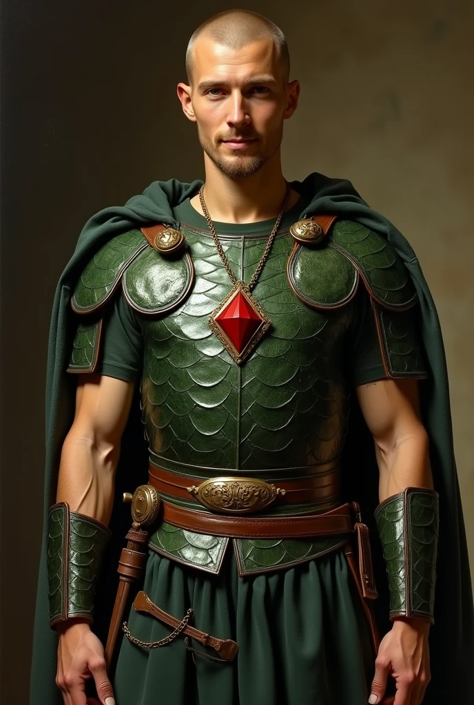 {{Masterpiece, best quality, by John Singer Sargent, full oil painting, muted colors}}, (((((dramatic half body portrait of a 40 years old male ancient Roman soldier, solemn, valiant, tall, upright, brown skin, skinny, blonde, smiling, goatee, buzzcut))))). ((((he is wearing a dark green, silken, Roman uniform, scale armor lorica, made of iridescent alligator leather, with samurai inspired elements, ronin inspired elements, wearing a large red diamond shape pendant)))).