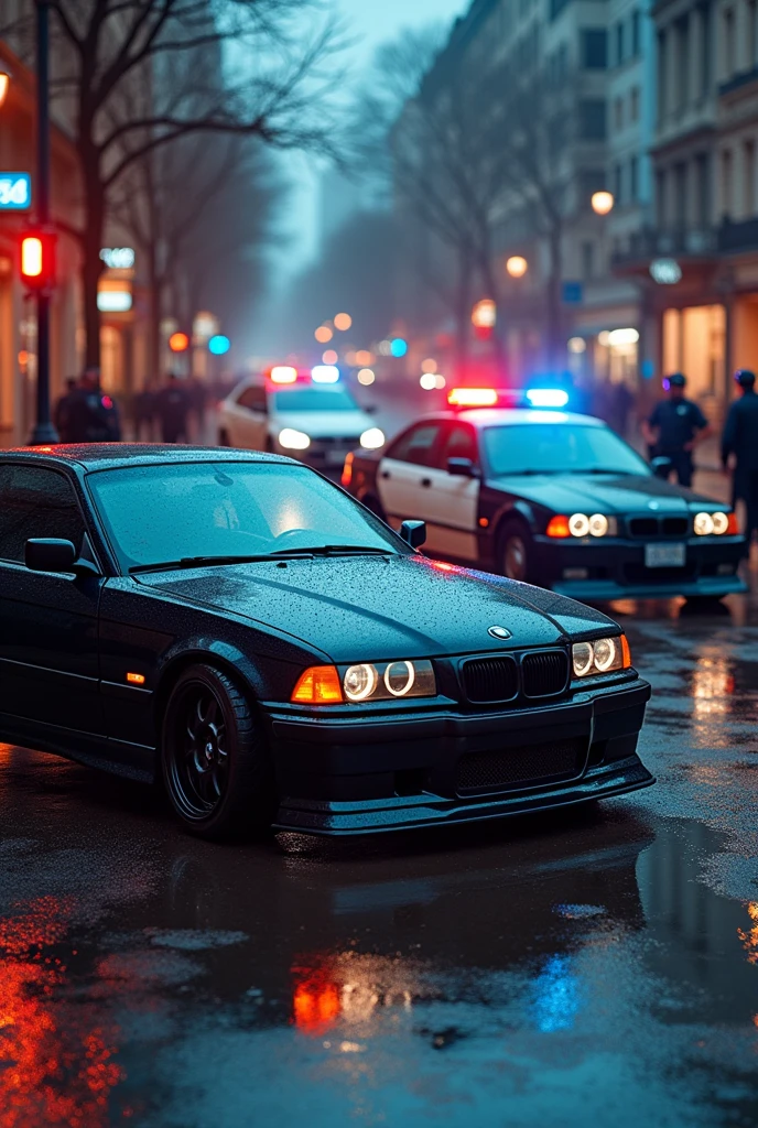 Two BMWs, an e36 and a 2009, in a photo shoot with the police around