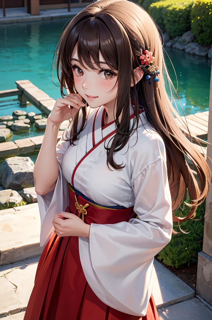 Best Quality,High resolution,8k,finelity detailed background,Masterpiece:1.2),beautiful girl,Shiny brown hair,messy hair,Brown eyes,Gentle look,A refreshing look,smile,Best quality,Best Quality,Aesthetic and aesthetic:1.2,Best details((Super detailed))(High-definition CG illustrations),China dress(red),Slender body,Japanese garden,smile,blush,cute,Scrounge,Looking up,Being spoiled,super model