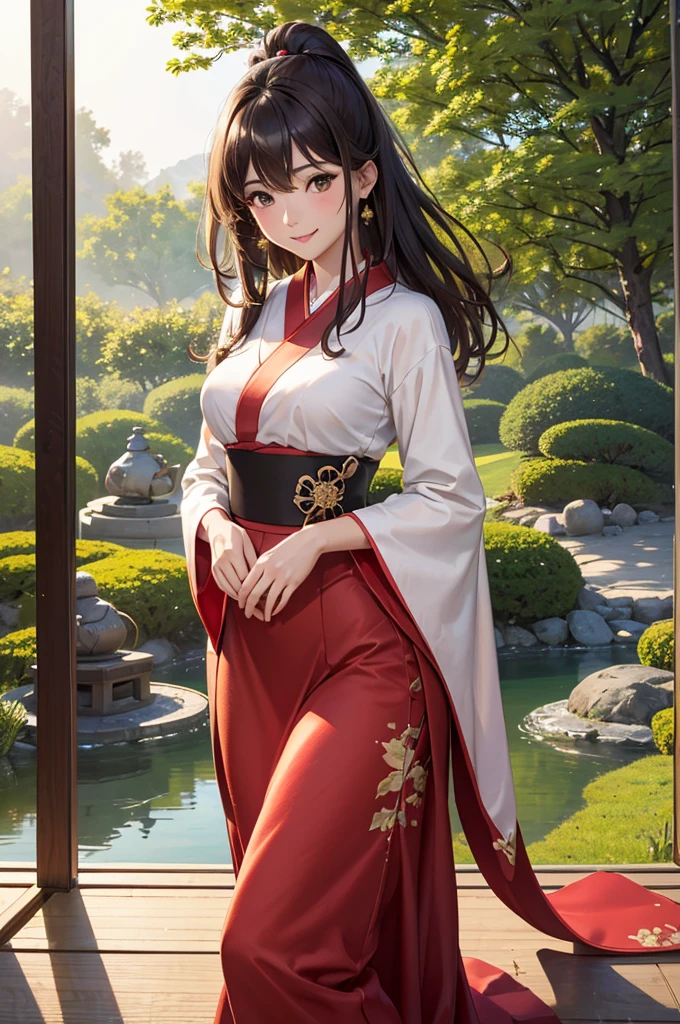 Best Quality,High resolution,8k,finelity detailed background,Masterpiece:1.2),beautiful girl,Shiny brown hair,messy hair,Brown eyes,Gentle look,A refreshing look,smile,Best quality,Best Quality,Aesthetic and aesthetic:1.2,Best details((Super detailed))(High-definition CG illustrations),China dress(red),Slender body,Japanese garden,smile,blush,cute,Scrounge,Looking up,Being spoiled,super model