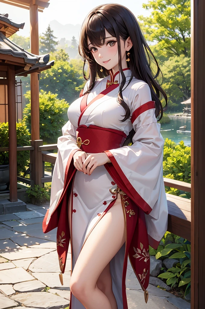 Best Quality,High resolution,8k,finelity detailed background,Masterpiece:1.2),beautiful girl,Shiny brown hair,messy hair,Brown eyes,Gentle look,A refreshing look,smile,Best quality,Best Quality,Aesthetic and aesthetic:1.2,Best details((Super detailed))(High-definition CG illustrations),China dress(red),Slender body,Japanese garden,smile,blush,cute,Scrounge,Looking up,Being spoiled,super model