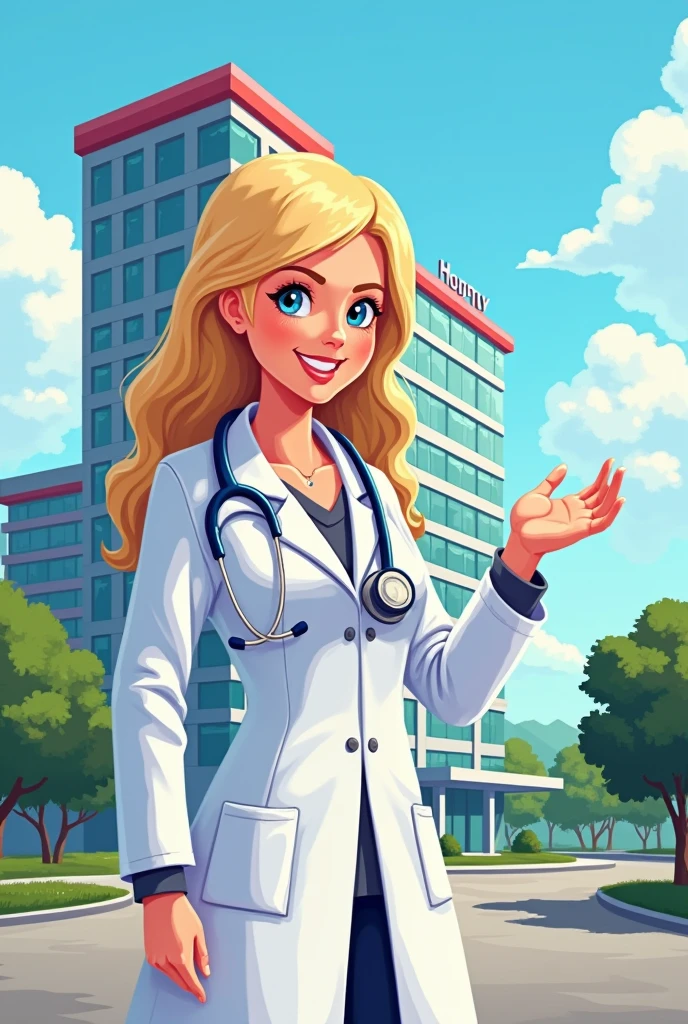 Image of a blonde woman, wearing a lab coat and stethoscope around his neck, smiling and pointing to a hospital, pixels art
