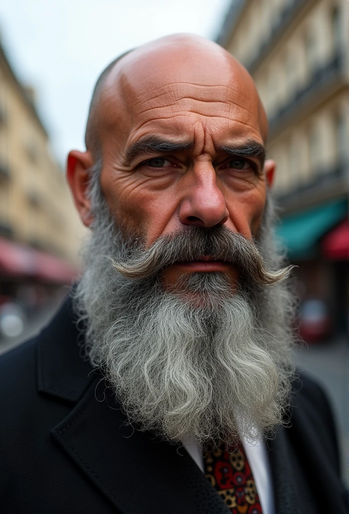 50 year old man. ultra realistic. 4K. bald. barbu et moustache. graying beard 30cm long. Well dressed. streets of paris. head and shoulders.