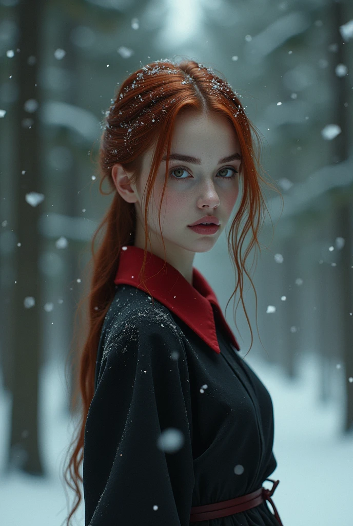 thin woman, loose hair half dyed dark red, thin and small lips, Brown eyes, bushy eyebrows red collar dress, in a snowy pine forest