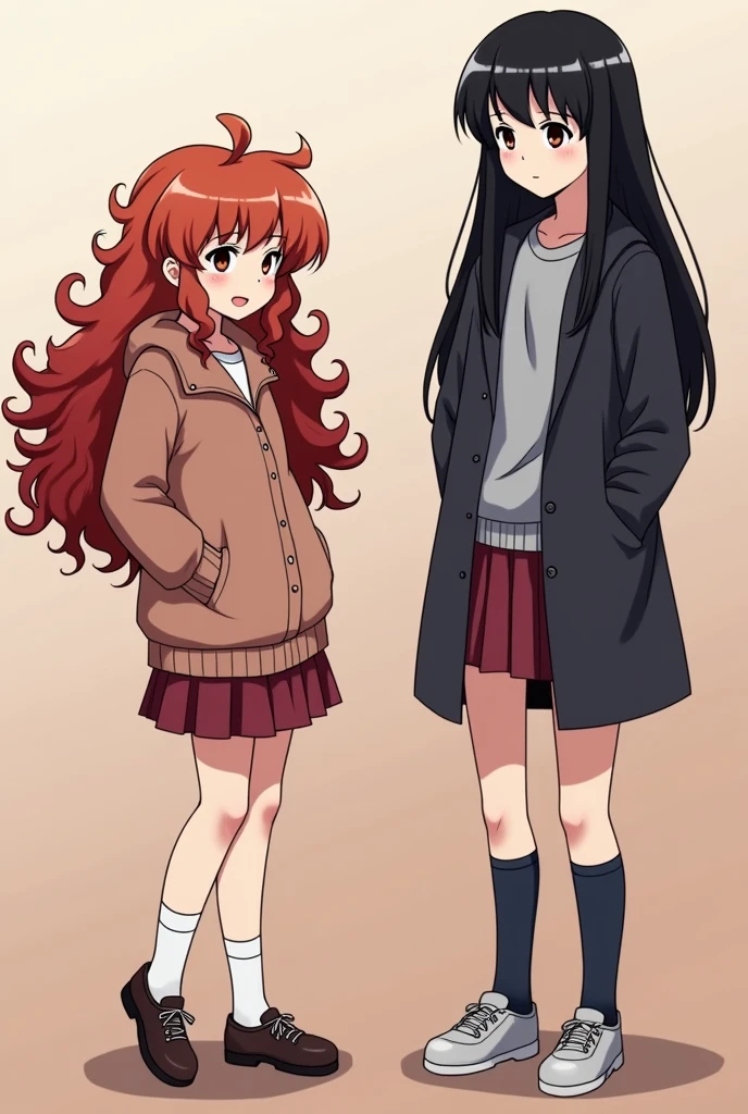 4 images of 3 girls, 1 short height long curly reddish hair, 1 medium height long black hair, 1 tall height long black hair, all in the position of heroines, in the background a big brother style reality show, make the images in anime style