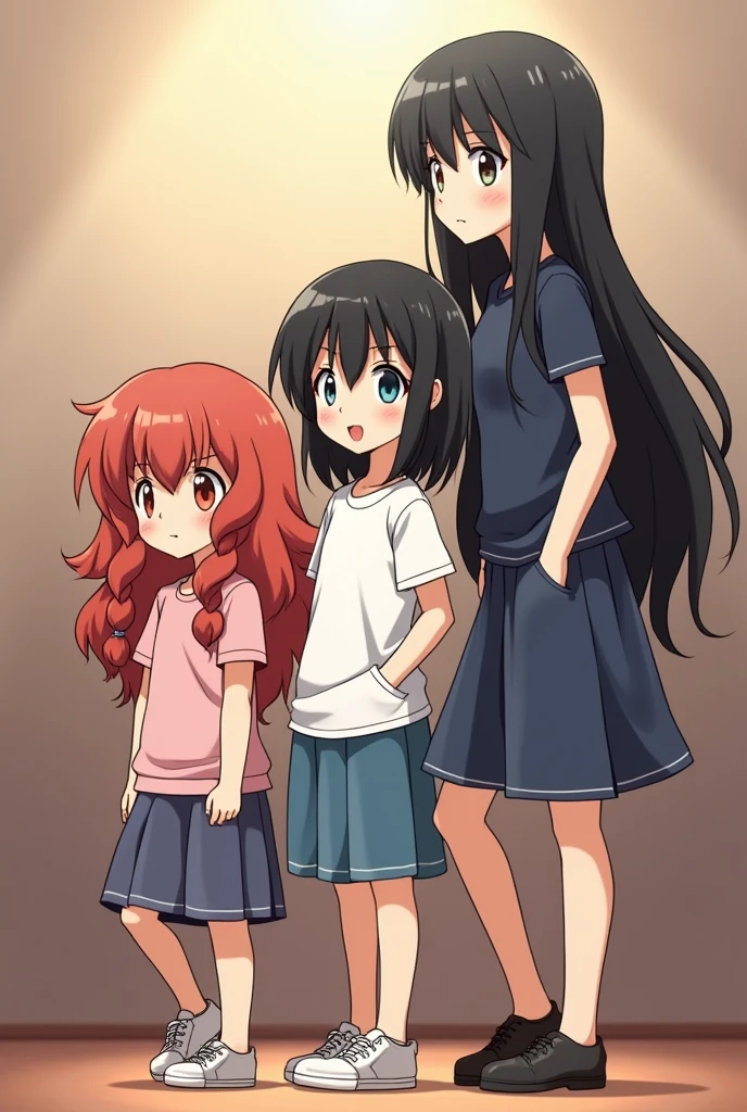 4 images of 3 girls, 1 short height long curly reddish hair, 1 medium height long black hair, 1 tall height long black hair, all in the position of heroines, in the background a big brother style reality show, make the images in anime style