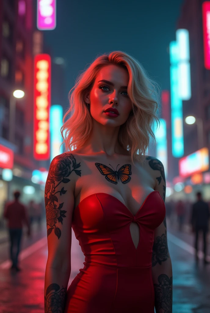 tall blonde woman, strong makeup red lipstick wearing red strapless dress, with various tattoos on the body, a butterfly tattoo on the chest, buildings in the background, a night city