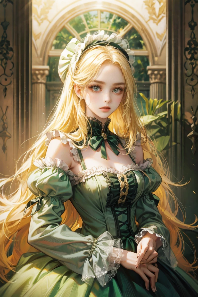 woman with long yellow hair, alone, looking at viewer, green eyes, Green dress with frills on the sleeves, bonnet