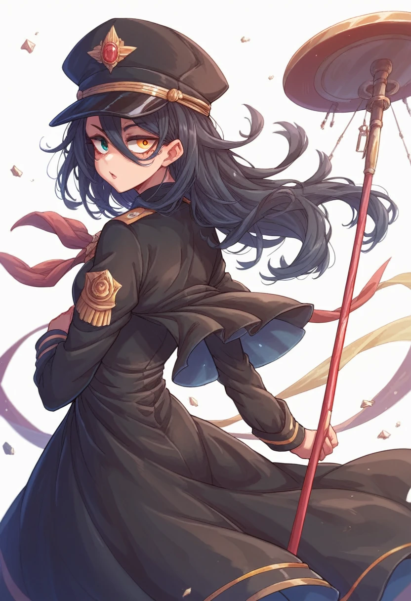 8620 (maitetsu),8620 (uniform),masterpiece, best quality, ultra-detailed, illustration,black dress,hat,looking back,:d,white background,((Eye highlights))