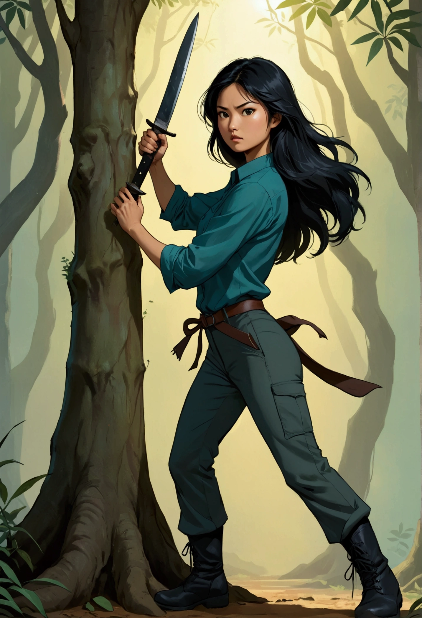 A beautiful and athletic young Asian woman in the Sarah Kay style, with long black hair, delicate Asian features, dressed in a petrol-colored shirt and dark gray pants, and dark boots, is standing with her back to a tree, hiding, with a machete in her hand, in a fighting stance.
