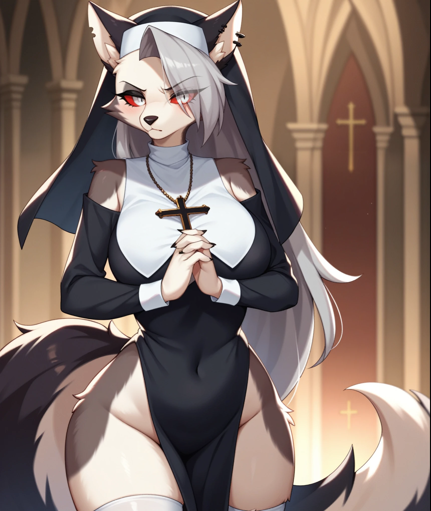 score_9,score_8_up,score_7_up, source_cartoon, kemono style, Anthro furry hellhound, loona from helluva boss, furry body, closed eyes, red sclera, she looks serious, wearing revealing nuns outfit, nun hat, slutty nun dress, praying, sex, standing sex, sex from behind, human male is cropped out, human male is grabbing her waist, 