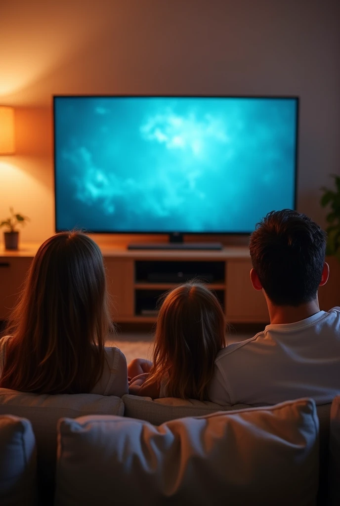 Mom, dad and two children watching TV in the living room