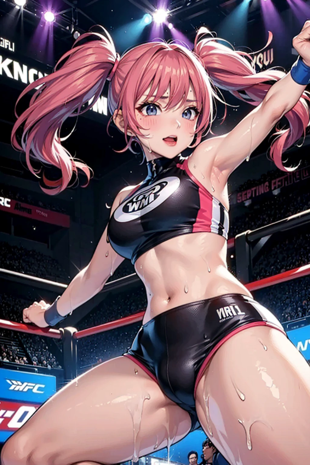 an illustration (young woman, wrestler fighter/kicking, abs, ((sweat)), sports bra, erect nipples, (((intricate))) Sparkling light reflects (round breasts), wrestling outfit with cape, up twin-tails hair, octagon, UFC), dynamic action, action pose, fighting pose, dynamic pose, in WWE, core intelligence, Run Faster, colorful, intense shading, dynamic angle, ((from below)), 