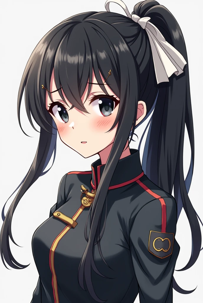 An anime girl with demon slayer drawing style, with the demon hunter uniform, that she has a ponytail with a white ribbon on her forehead and her hair is black with some white hairs, with black eyes, Bella