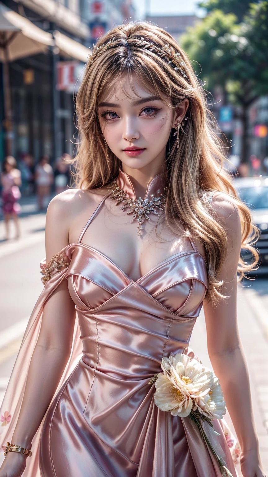 (Photorealistic realism 16K quality), ((ultra insanel quality, professional digital art)), ((focus on extremely Realistic Proportion Body, Anatomically Correct:1.2)), Beautiful Girl, Half Body Portrait, Black Eye Shadow, ((Street Style Wear:1.35) )), (city background:1.25), finer details, intricate, beautiful details glow, (super details beautiful, slim and sharp features), (bright pale complexion). break, (insanely detailed brown_ eyes:1.25), (tired, sleepy and satisfied:0.0), perfect round eyes, (finely detailed pupils:1.3), detailed, ((smiling, joyful face)), (perfect composition), Depth of field, cinematic light, Lens flare, dslr, best high quality soft lighting, sharp focus captured by Fujifilm XT3, f 5.6, in a dramatic lighting, ((Best Quality)) ,((masterpiece)), intricate details, dry skin, best high quality real texture skin, (A woman with velvety skin:1.3), (best high quality real texture hair), (blonde hair(wavy combed up, behind the ear:1.22)), (firm big full breasts), (slim muscled body), she is the embodiment of beauty and allure, ((Dressed in a breath taking, silk Dolce & Gabbana.Floral dress:1.3)), elegant fashion intricately detailed:1.28), floral couture, (clothes made of silk and flower:1.3), 3/5 long, (closeup to her face)