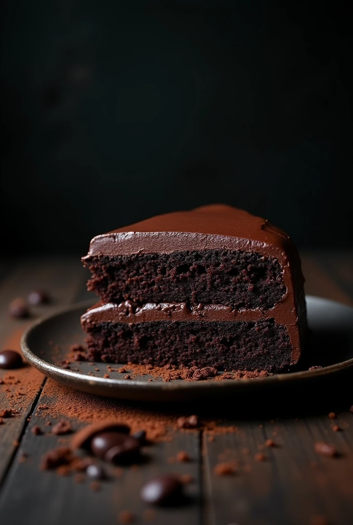 cinematic film still chocolate, chocolate cake, dark background, quality photo, moist texture, frosting, studio photo, slice . shallow depth of field, vignette, highly detailed, high budget, bokeh, cinemascope, moody, epic, gorgeous, film grain, grainy