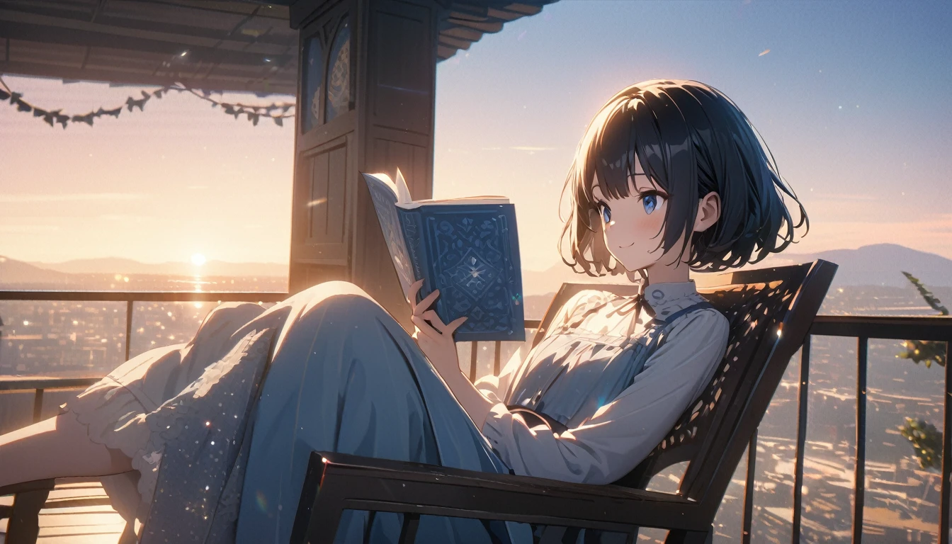 ((ultra-detailed))/ (one women with short black hair and bob hair.、beautiful blue eyes,.、smile、gentle smile on her face、flat chest, one Beautiful girl,((masterpiece, illustration, best quality) ((ultra-detailed))/), sitting on her balcony during day time while sitting on a chair and reading a book ,濃い青とBeautiful Blueのグラデーション, High resolution, 8K HD detail, hyper-detail, cinematic, surrealism, soft light, deep field focus bokeh, ray tracing and surrealism. --v6