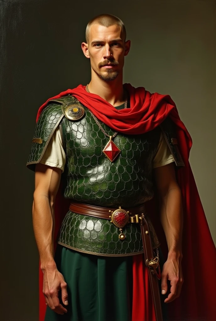 {{Masterpiece, best quality, by John Singer Sargent, full oil painting, muted colors}}, (((((dramatic half body portrait of a 40 years old male ancient Roman soldier, solemn, valiant, tall, upright, brown skin, skinny, blonde, smiling, goatee, buzzcut))))). ((((he is wearing a dark green and red, silken, Roman uniform, scale armor lorica, made of iridescent alligator leather, with samurai inspired elements, ronin inspired elements, wearing a large red diamond shape pendant)))).