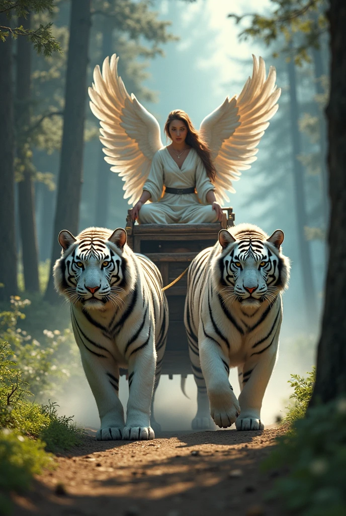 create an image of two white tigers pulling a carriage through a pine forest , something in the world of warcraft style and on top of the carriage a person with angelic features and wings like a paladin
