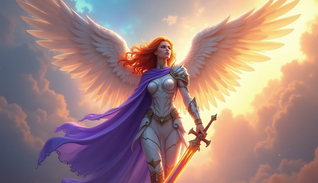 fantasy art, epic fantasy art,  a female angel standing guard in heaven, her wings spread wide, she holds a (fiery sword: 1.2), wearing intricate armor, white armor, she is wearing purple cloak, wearing high heeled boots, flowing cloak, most beautiful angel, (best detailed face: 1.5) orange hair, wavy hair, epic hair, blue eyes, ((glowing blue eyes: 1.3)),  heavenly clouds, rainbow background. divine rays, vibrant, Ultra-high resolution, High Contrast, (masterpiece:1.5), highest quality, Best aesthetics), best details, best quality, highres, ultra wide angle, 16k, [ultra detailed], masterpiece, best quality, (extremely detailed: 1.5),