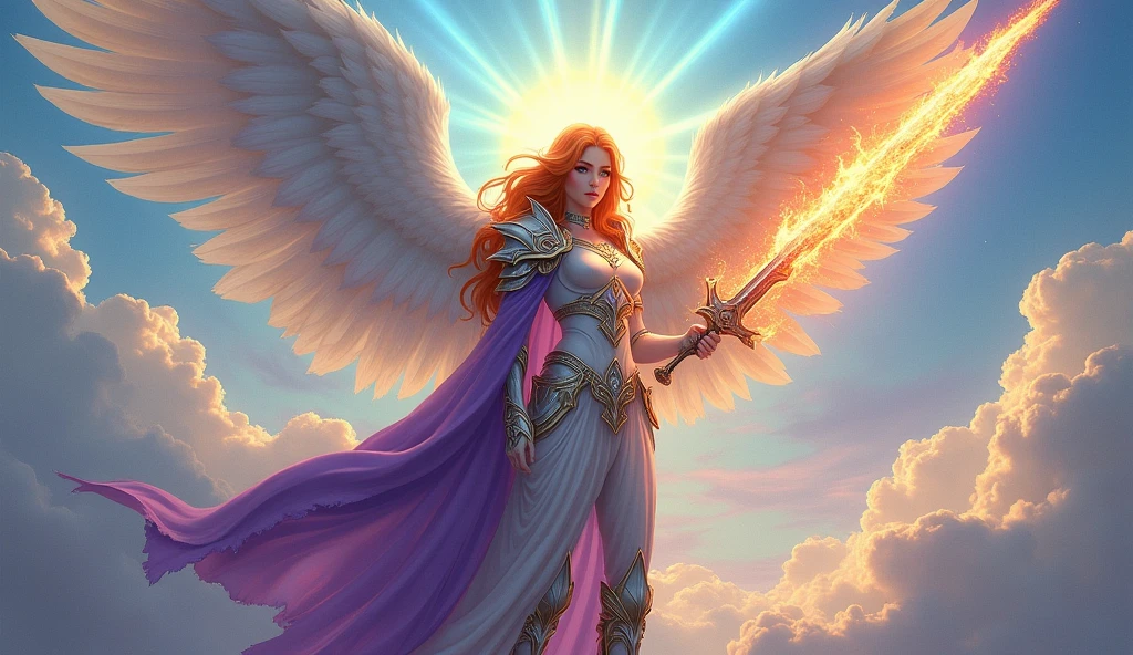 fantasy art, epic fantasy art,  a female angel standing guard in heaven, her wings spread wide, she holds a (fiery sword: 1.2), wearing intricate armor, white armor, she is wearing purple cloak, wearing high heeled boots, flowing cloak, most beautiful angel, (best detailed face: 1.5) orange hair, wavy hair, epic hair, blue eyes, ((glowing blue eyes: 1.3)),  heavenly clouds, rainbow background. divine rays, vibrant, Ultra-high resolution, High Contrast, (masterpiece:1.5), highest quality, Best aesthetics), best details, best quality, highres, ultra wide angle, 16k, [ultra detailed], masterpiece, best quality, (extremely detailed: 1.5),
