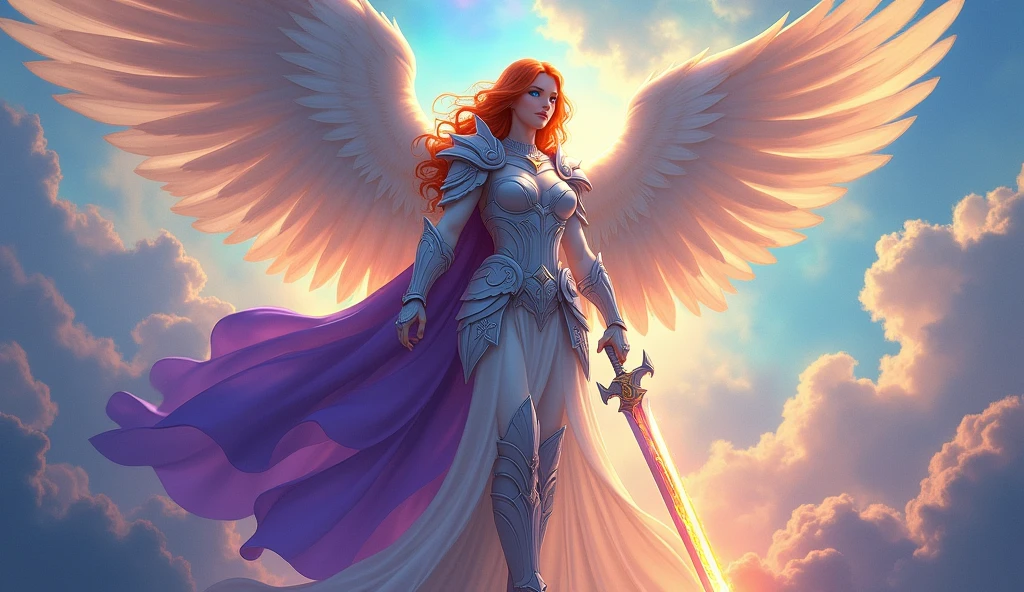 fantasy art, epic fantasy art,  a female angel standing guard in heaven, her wings spread wide, she holds a (fiery sword: 1.2), wearing intricate armor, white armor, she is wearing purple cloak, wearing high heeled boots, flowing cloak, most beautiful angel, (best detailed face: 1.5) orange hair, wavy hair, epic hair, blue eyes, ((glowing blue eyes: 1.3)),  heavenly clouds, rainbow background. divine rays, vibrant, Ultra-high resolution, High Contrast, (masterpiece:1.5), highest quality, Best aesthetics), best details, best quality, highres, ultra wide angle, 16k, [ultra detailed], masterpiece, best quality, (extremely detailed: 1.5),