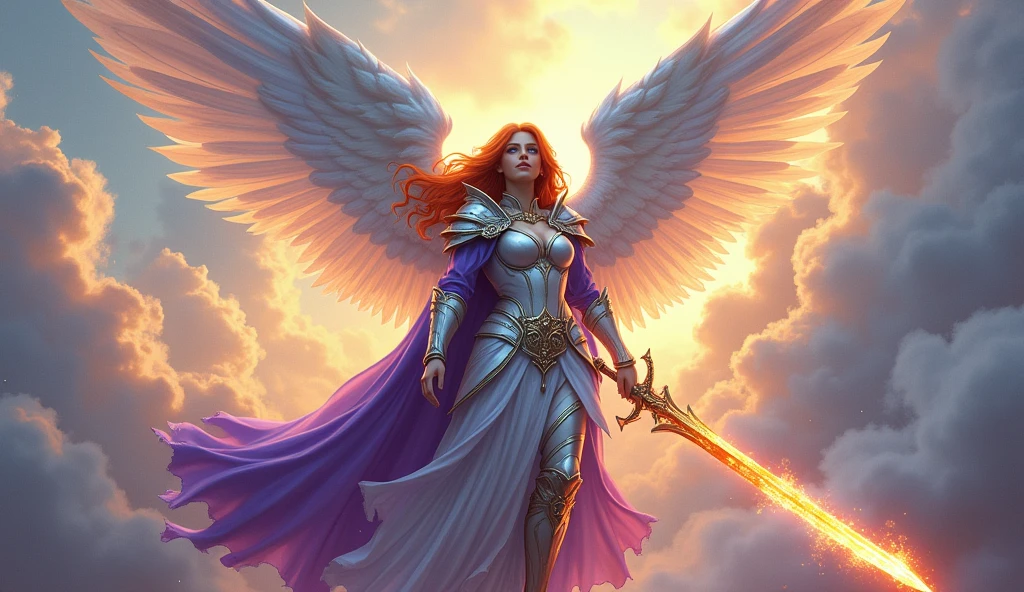 fantasy art, epic fantasy art,  a female angel standing guard in heaven, her wings spread wide, she holds a (fiery sword: 1.2), wearing intricate armor, white armor, she is wearing purple cloak, wearing high heeled boots, flowing cloak, most beautiful angel, (best detailed face: 1.5) orange hair, wavy hair, epic hair, blue eyes, ((glowing blue eyes: 1.3)),  heavenly clouds, rainbow background. divine rays, vibrant, Ultra-high resolution, High Contrast, (masterpiece:1.5), highest quality, Best aesthetics), best details, best quality, highres, ultra wide angle, 16k, [ultra detailed], masterpiece, best quality, (extremely detailed: 1.5),