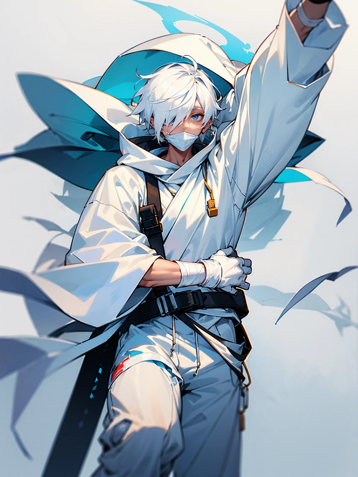 1male, white hair, white mask, white cloak, hood over head, white bandages on arm, white yukata, white sweatpants, tied to waist, blindfold over eyes, serious