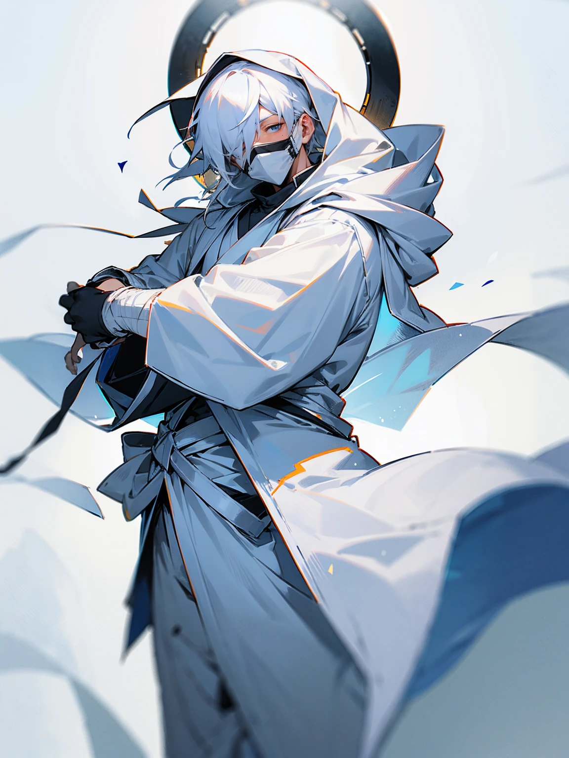 1male, white hair, white mask, white cloak, hood over head, white bandages on arm, white yukata, white sweatpants, tied to waist, blindfold over eyes, serious