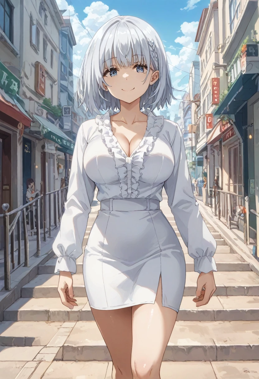 masterpiece, best quality, beta, silver hair, white shirt, frills, pencil skirt, cleavage, large breasts, walking, stairs, city street, clouds, sky, looking at viewer, smile
