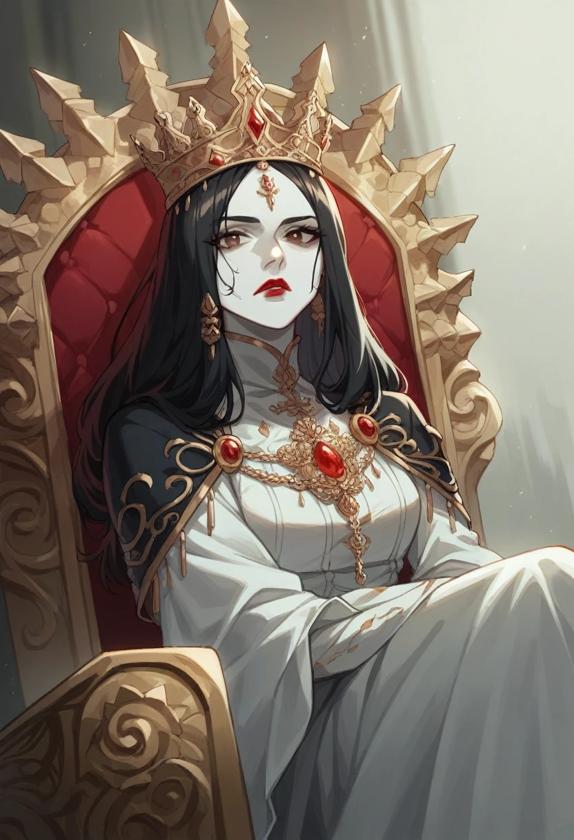 20 year old woman, White skin color, red lips, Brown eyes, long black hair, indifferent look, with a voluminous long sleeve dress bright turquoise color, with a silver crown of diamonds, using a black snake-shaped cane, sitting on a golden throne, full of blood.