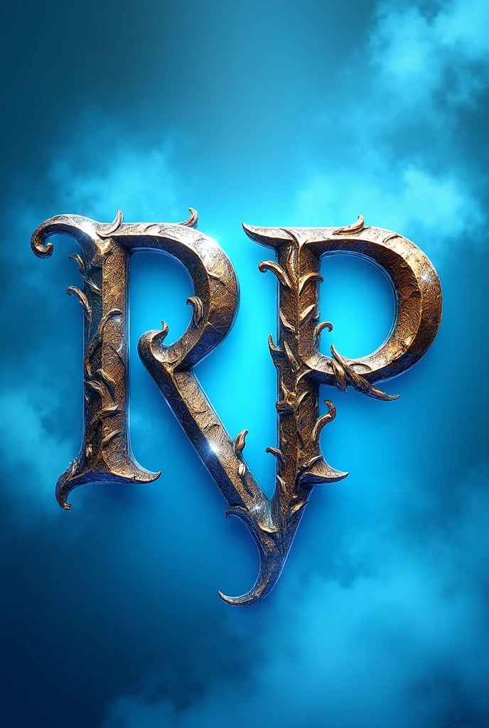 Make a 700 x 700 image with a light blue animated setting and the letters RP centered and large with legendary lettering, do it like an advertising poster