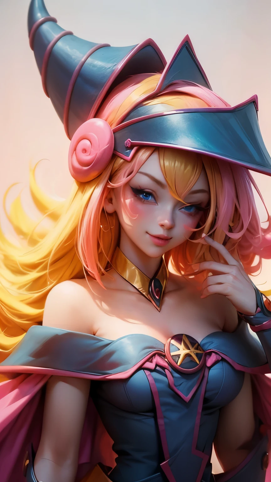 Beautiful face of dark wizard gils. long eyelashes, blue eyes. pink lips. long blonde hair. Yellow hair. exposed shoulders, angelic smile, beautiful well detailed face of dark wizard gils. blowing a kiss. and winking. She is flirtatious with the viewer.