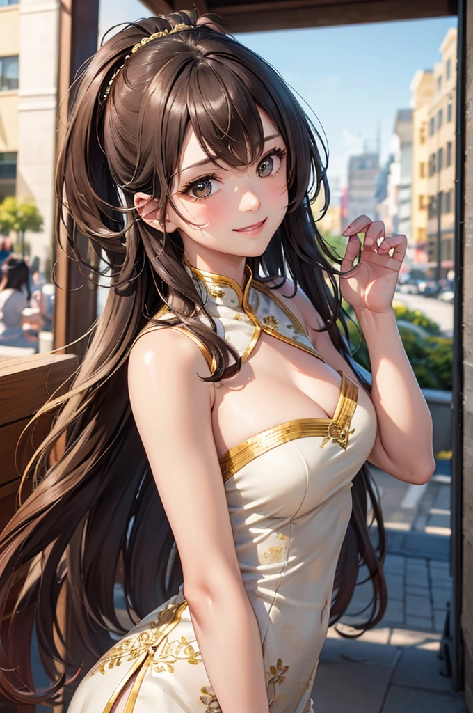 Best Quality,High resolution,8k,finelity detailed background,Masterpiece:1.2),beautiful girl,Shiny brown hair,messy hair,Brown eyes,Gentle look,A refreshing look,smile,Best quality,Best Quality,Aesthetic and aesthetic:1.2,Best details((Super detailed))(High-definition CG illustrations),China dress(green),Slender body,party,smile,blush,cute,Scrounge,Looking up,Being spoiled,super model