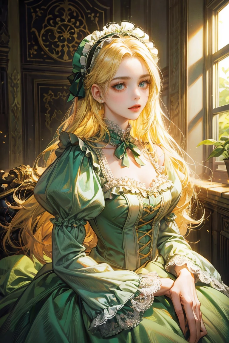 woman with long yellow hair, alone, looking at viewer, green eyes, Green dress with frills on the sleeves, Hair bonnet