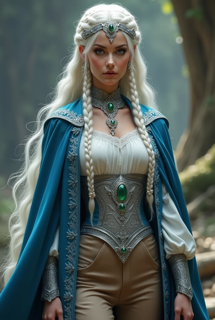 Sorceress with long white braided hair,wears white shirt and light brown pants with silver breastplate and blue cape with silver embroidery Wears emerald-set silver collar a headband and earrings