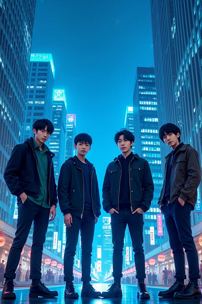 create an image of a Jpop group with only 4 men.Standing showing full body against a background of Tokyo buildings in neon blue colors wearing comfortable clothes 