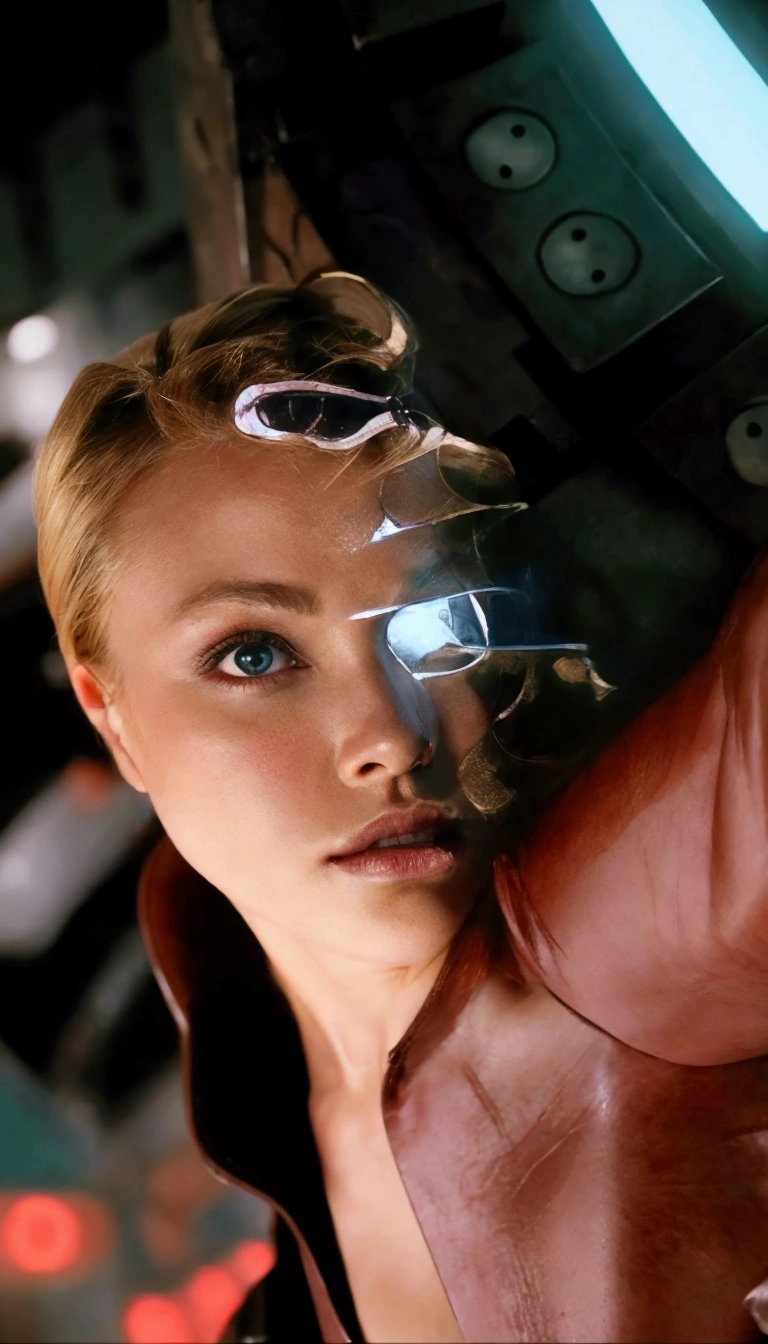 Blonde woman in leather jacket leaning against a wall with a neon light, Kristanna Loken, doom beautiful face, 
